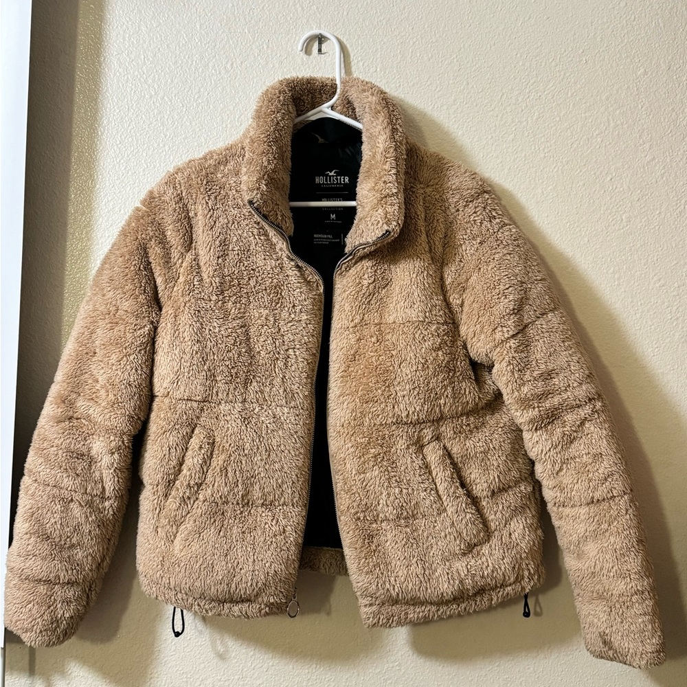 Hollister Mockneck Puffer Faux Fur Sherpa Cream Tan Beige Teddy Jacket Coat Sz M